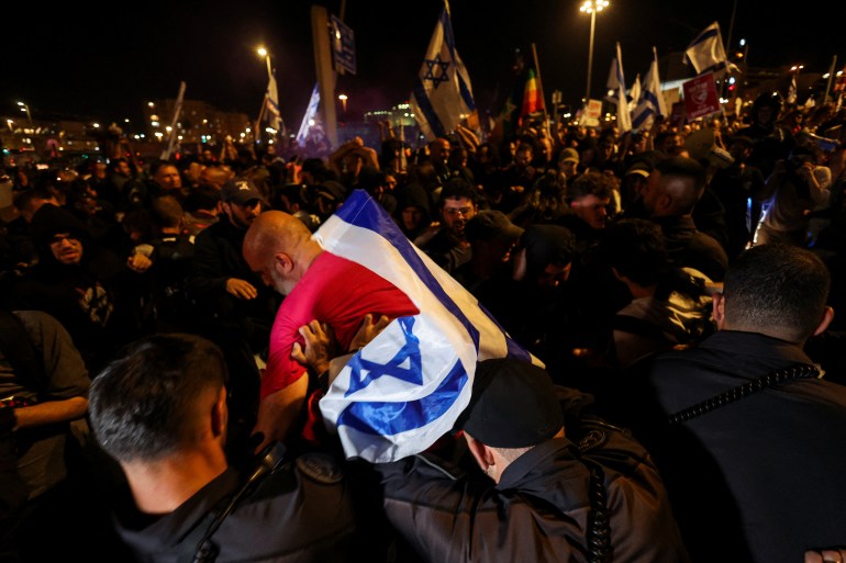 Anti-government protesters launch prolonged demonstration calling for resignation of Israeli prime minister and Benjamin Netanyahu's government 